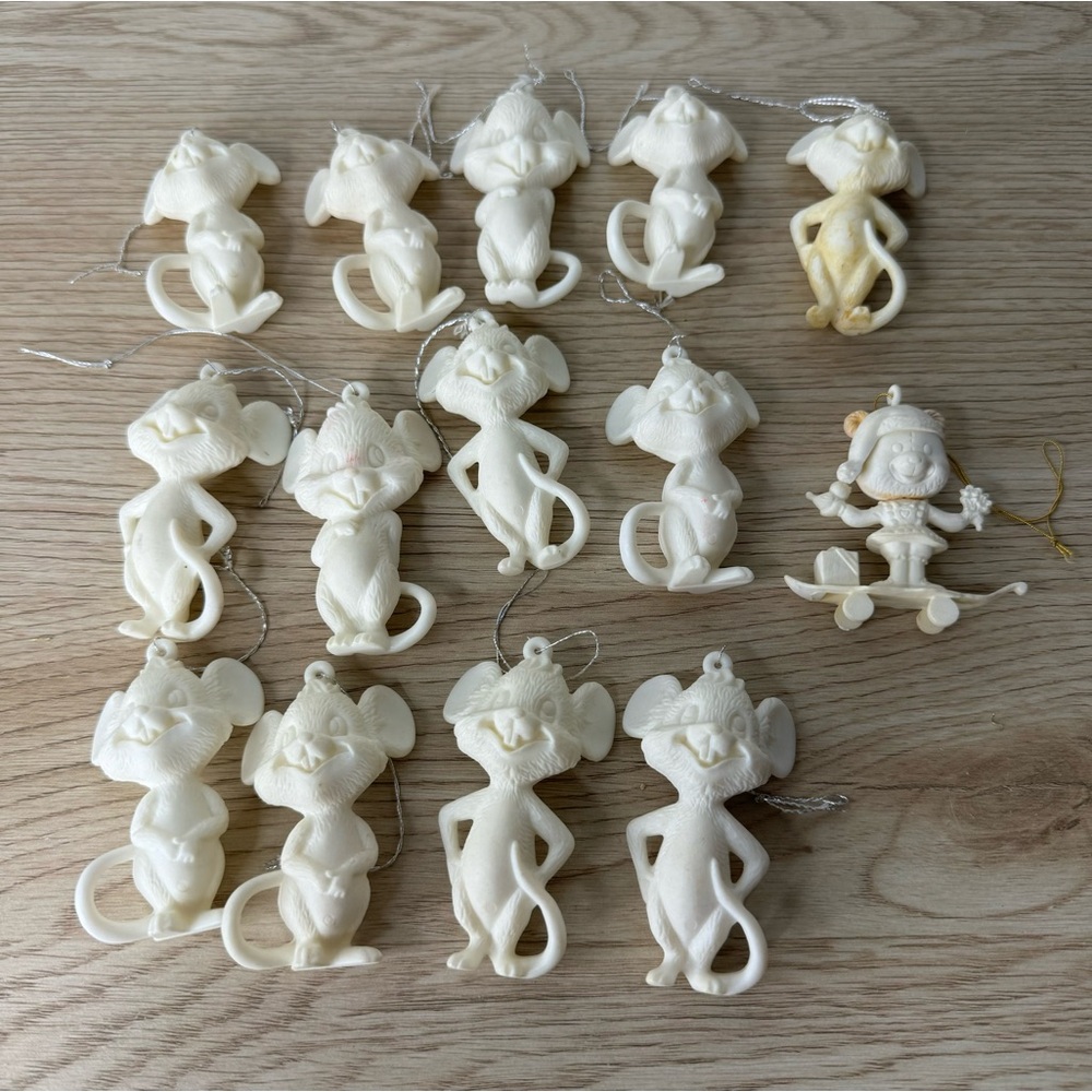 Vintage Christmas Mice Ornaments HONG KONG Plastic Set of 14 Classic Tacky MCM